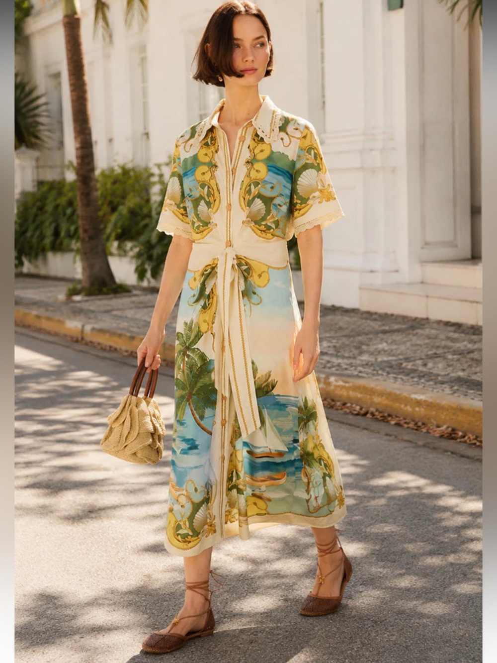 Farm Rio Royal Sea Gathered-Waist Midi Dress - Sz M